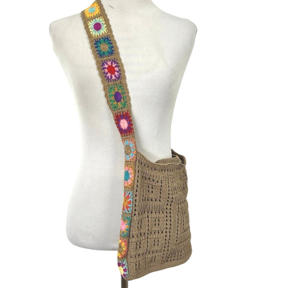 Boho Crochet Knit Crossbody Bag Granny Square Brown Festival Shoulder Purse